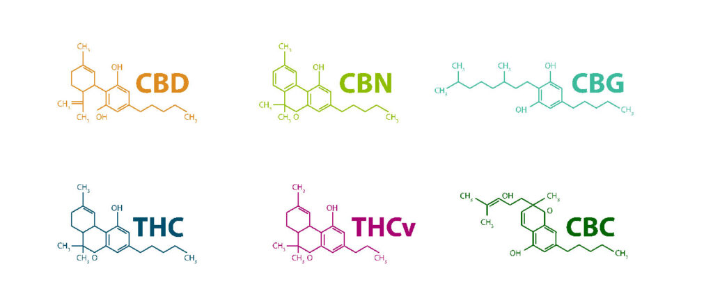 Phytocannabinoids and their molecular structure, including CBD, CBN, CBG, THC, THCv and CBC