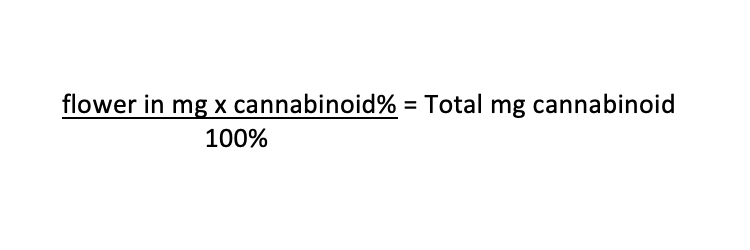 Equations to calculate the total milligrams of a cannabinoid in cannabis flower.