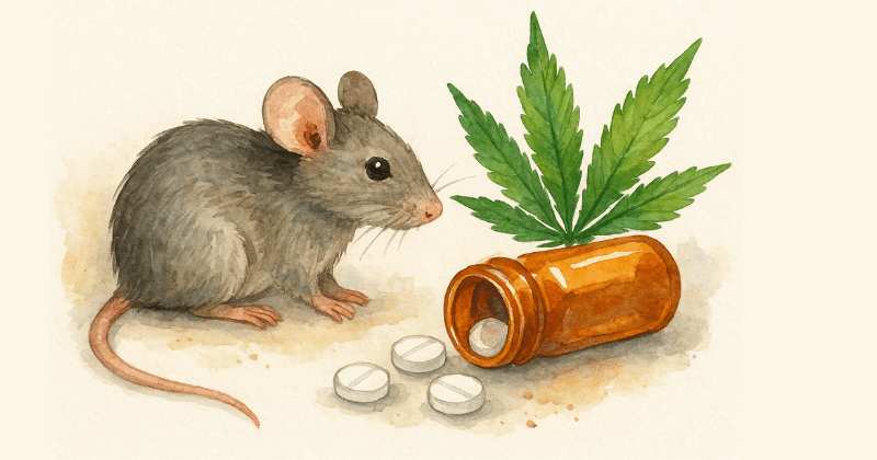 A soft watercolor painting of a gray-brown lab mouse sitting beside an amber medicine bottle tipped on its side with white tablets spilling out, and a green cannabis leaf placed behind it.