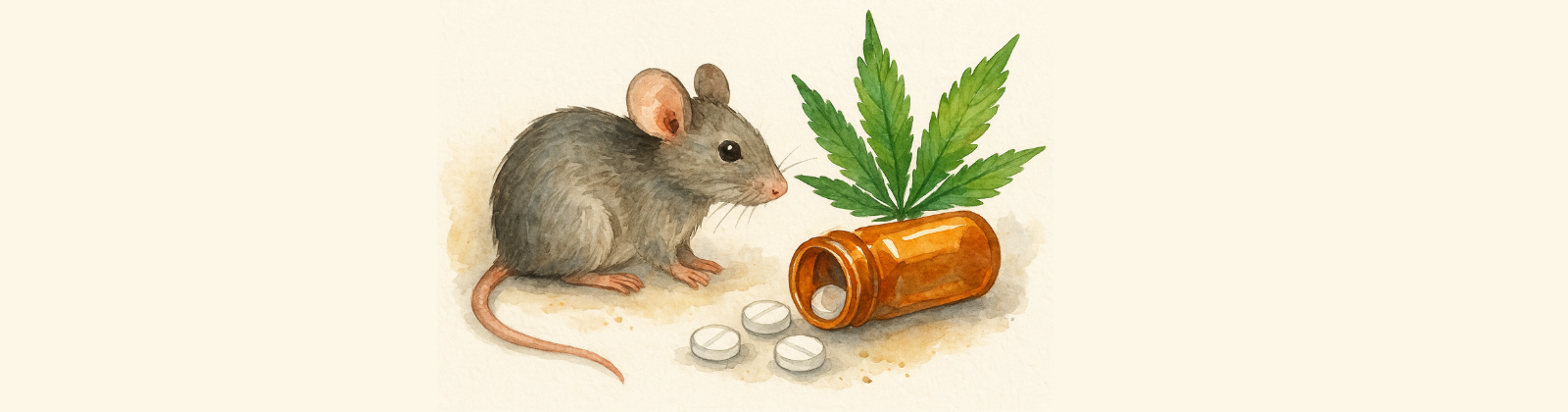 A soft watercolor painting of a gray-brown lab mouse sitting beside an amber medicine bottle tipped on its side with white tablets spilling out, and a green cannabis leaf placed behind it.