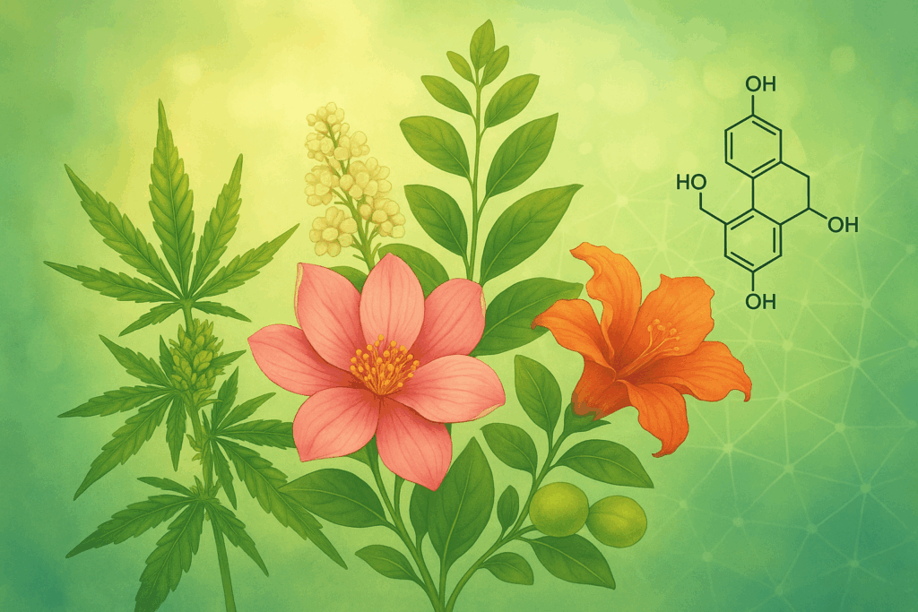 A green botanical illustration showing a hemp plant leaf alongside other medicinal flowers and molecular structures, symbolizing neolignans and their connection to the endocannabinoid system, healing, and natural bioactivity.