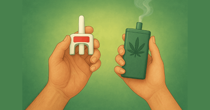 Two hands holding a naloxone nasal spray and a cannabis vaporizer, symbolizing research on combining cannabinoids with naloxone to ease opioid withdrawal.