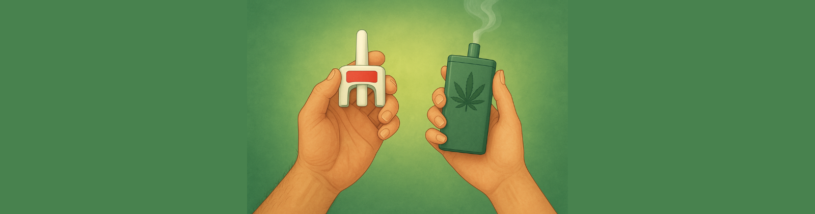 Two hands holding a naloxone nasal spray and a cannabis vaporizer, symbolizing research on combining cannabinoids with naloxone to ease opioid withdrawal.