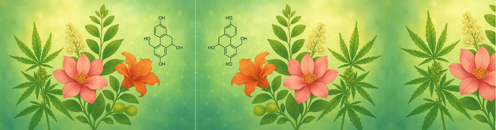 A botanical illustration blending hemp leaves, pink and orange flowers, and molecular structures, symbolizing neolignans and their connection to the endocannabinoid system.