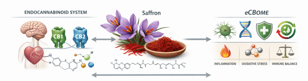 Illustration showing saffron positioned between the endocannabinoid system (CB1 and CB2 receptors) and the broader endocannabinoidome (eCBome). On the left are CB1 and CB2 receptors with brain and heart imagery; in the center are saffron flowers and stigmas; on the right are icons representing inflammation, oxidative stress, immune balance, DNA signaling, and cellular regulation—depicting saffron’s modulatory role in supporting ECS tone and immune–redox balance.