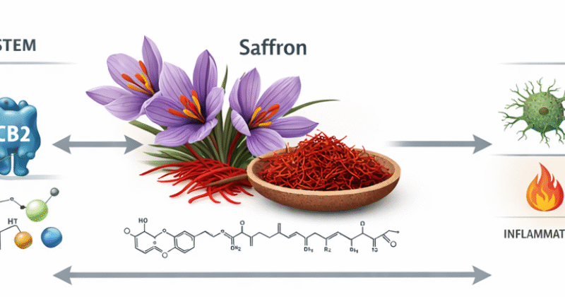 Illustration showing saffron positioned between the endocannabinoid system (CB1 and CB2 receptors) and the broader endocannabinoidome (eCBome). On the left are CB1 and CB2 receptors with brain and heart imagery; in the center are saffron flowers and stigmas; on the right are icons representing inflammation, oxidative stress, immune balance, DNA signaling, and cellular regulation—depicting saffron’s modulatory role in supporting ECS tone and immune–redox balance.