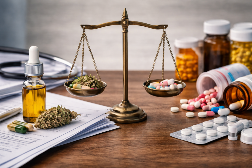Balanced scale comparing cannabis products (oil, plant material, capsules) with prescription medications (pill bottles and tablets), illustrating the evaluation of risks and side effects in mental health treatments.