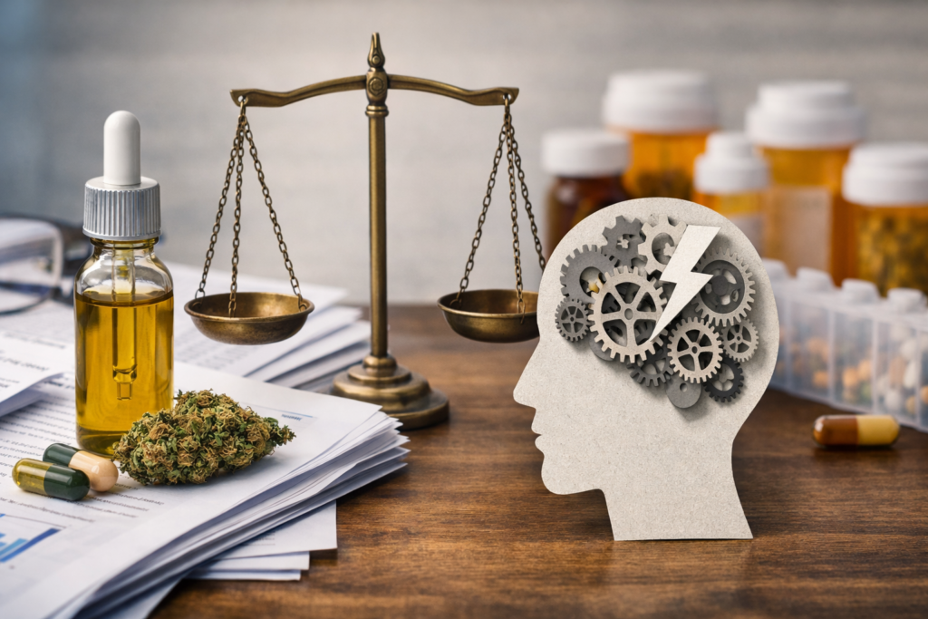 Balanced scale between cannabis oil, plant material, and clinical research papers on one side, and prescription medications with a human brain illustration on the other, representing the comparison between cannabinoid therapy and conventional mental health treatments.