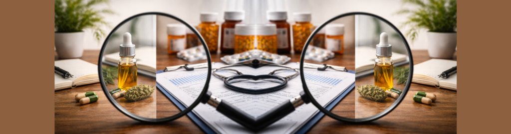 Magnifying glass showing two perspectives: clinical research materials and prescription medications on one side, and cannabis oil and plant material on the other, representing how framing influences interpretation of treatment data.