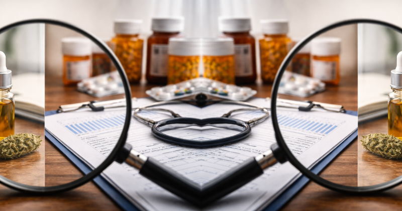 Magnifying glass showing two perspectives: clinical research materials and prescription medications on one side, and cannabis oil and plant material on the other, representing how framing influences interpretation of treatment data.