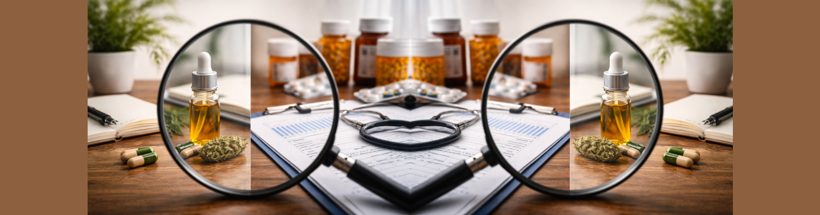 Magnifying glass showing two perspectives: clinical research materials and prescription medications on one side, and cannabis oil and plant material on the other, representing how framing influences interpretation of treatment data.