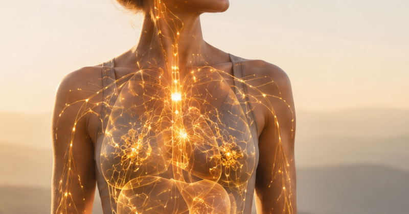 Visualization of interconnected physiological signaling pathways linking the nervous system, immune system, gut, and other body systems.