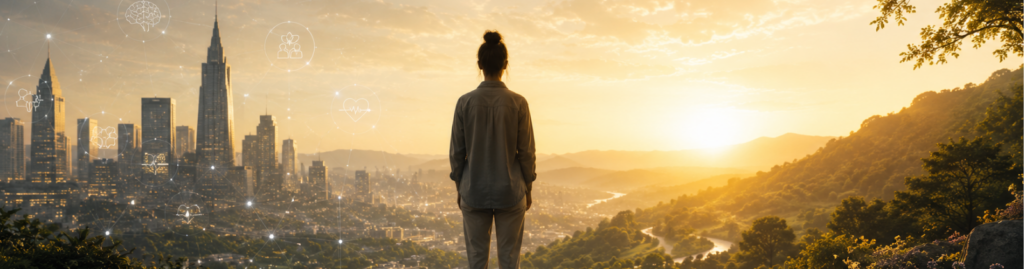 Person standing between a modern city and a sunlit natural landscape at sunrise, symbolizing the intersection of technology, systems medicine, human health, and healing.