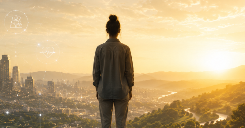 Person standing between a modern city and a sunlit natural landscape at sunrise, symbolizing the intersection of technology, systems medicine, human health, and healing.