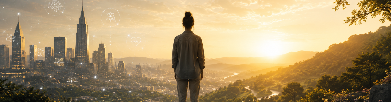 Person standing between a modern city and a sunlit natural landscape at sunrise, symbolizing the intersection of technology, systems medicine, human health, and healing.