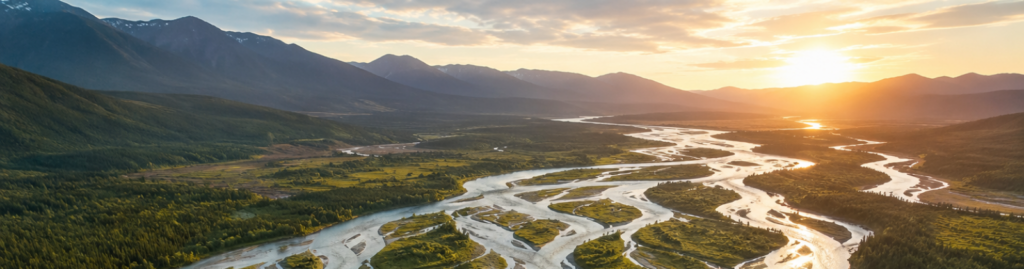 An aerial view of a braided river flowing through a broad mountain valley at sunrise. Multiple interconnected channels branch, merge, and adapt across the landscape, symbolizing the dynamic and interconnected regulatory systems that support health, adaptation, and resilience.