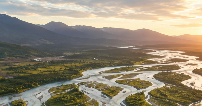 An aerial view of a braided river flowing through a broad mountain valley at sunrise. Multiple interconnected channels branch, merge, and adapt across the landscape, symbolizing the dynamic and interconnected regulatory systems that support health, adaptation, and resilience.