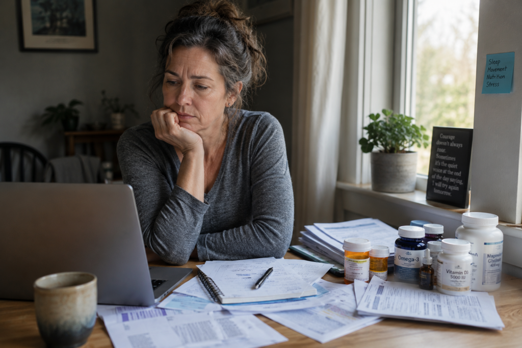 Person navigating chronic health concerns while reviewing treatment options, health records, and factors that influence regulation and healing.