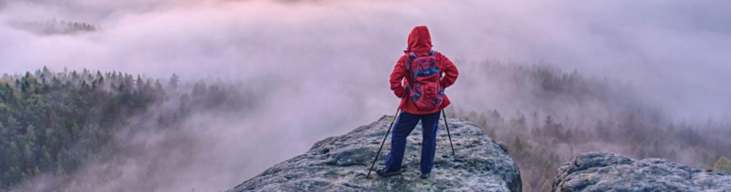 Person standing on a rocky overlook above a fog-covered landscape, looking out across a complex and uncertain horizon.