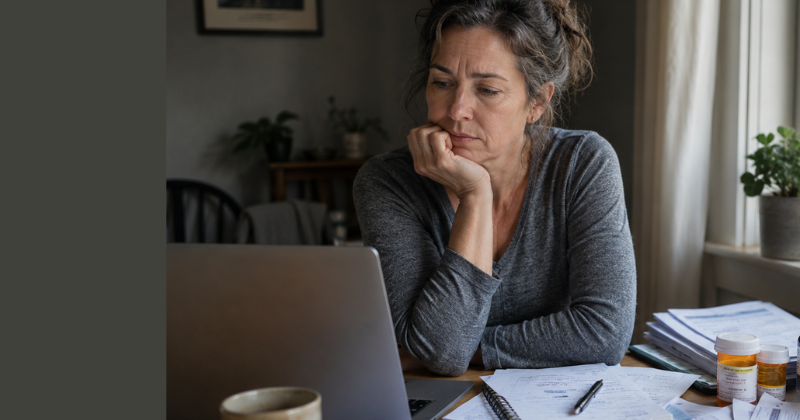 Person reviewing health information, supplements, and treatment options while seeking answers to chronic symptoms and overall health.