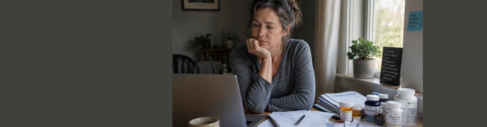Person reviewing health information, supplements, and treatment options while seeking answers to chronic symptoms and overall health.