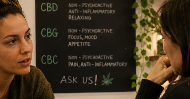 A frontline cannabis worker speaks with a customer in a dispensary setting, reflecting the growing role of budtenders in helping people navigate questions about cannabinoid medicine, chronic health conditions, and individualized care.