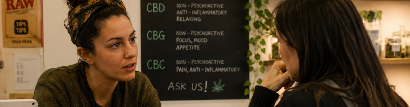 A frontline cannabis worker speaks with a customer in a dispensary setting, reflecting the growing role of budtenders in helping people navigate questions about cannabinoid medicine, chronic health conditions, and individualized care.