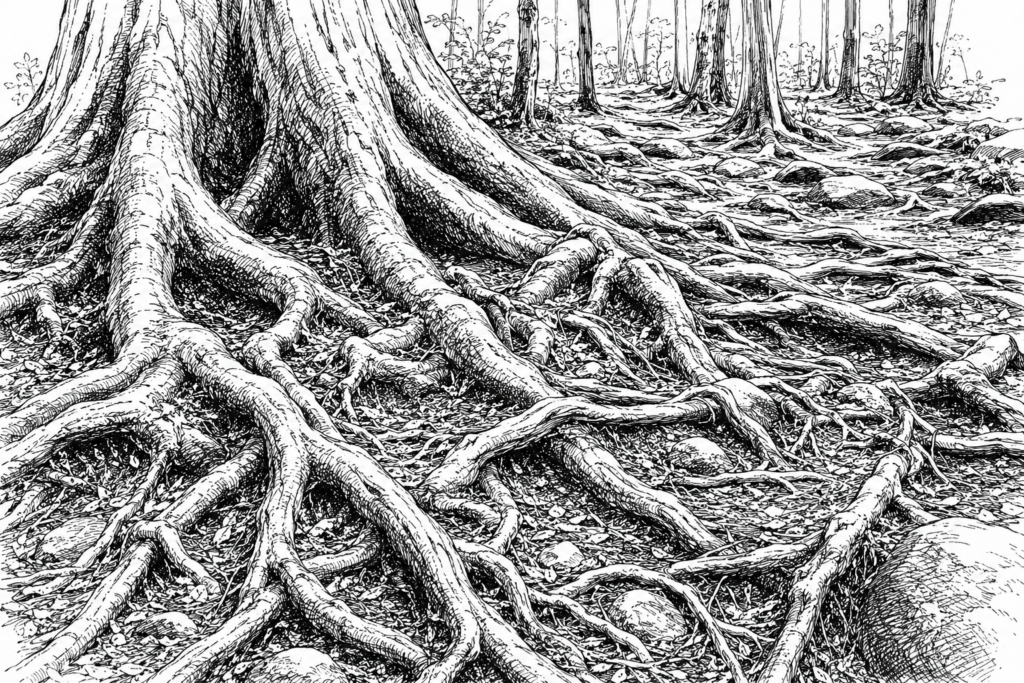 Black-and-white ink illustration of exposed tree roots spreading across a forest floor, symbolizing hidden biological networks and interconnected systems.