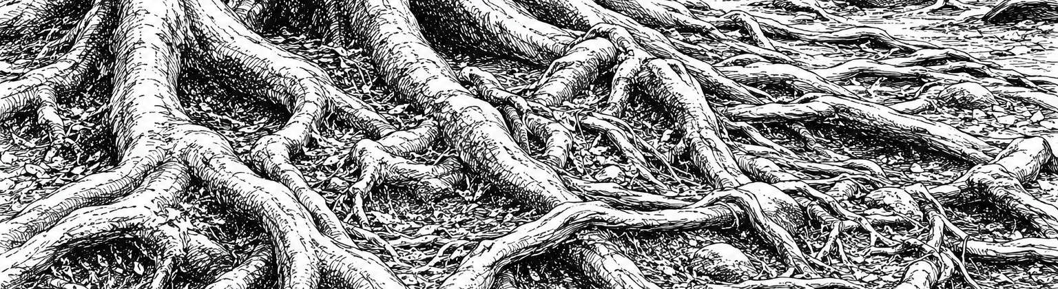 Black-and-white ink illustration of exposed tree roots spreading across a forest floor, symbolizing hidden biological networks and interconnected systems.