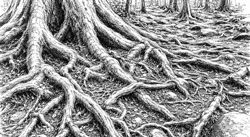 Black-and-white ink illustration of exposed tree roots spreading across a forest floor, symbolizing hidden biological networks and interconnected systems.