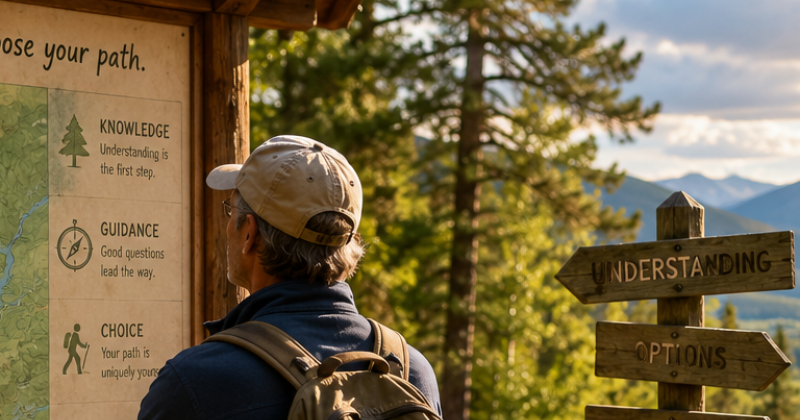 Person viewing a trail map beside signs reading "Understanding" and "Options," representing informed healthcare choices.