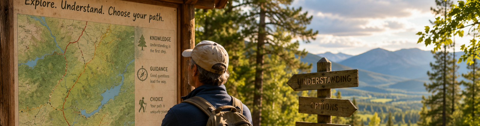 Person viewing a trail map beside signs reading "Understanding" and "Options," representing informed healthcare choices.