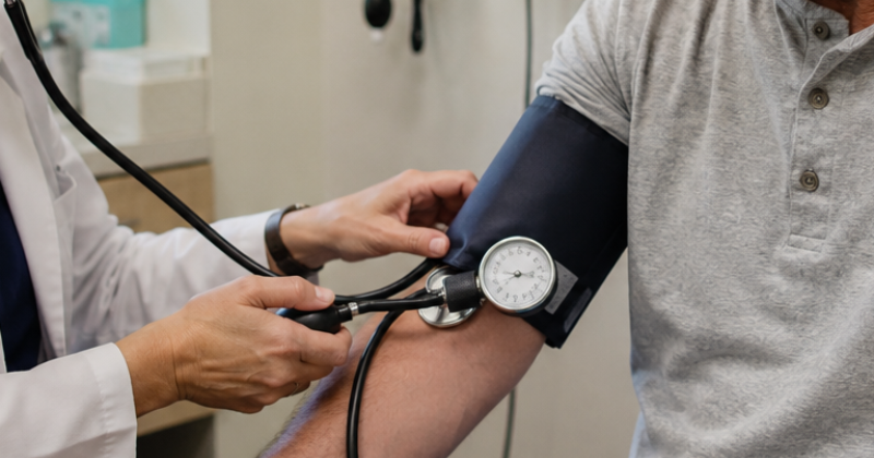 Blood pressure being measured with an arm cuff during a clinical examination.