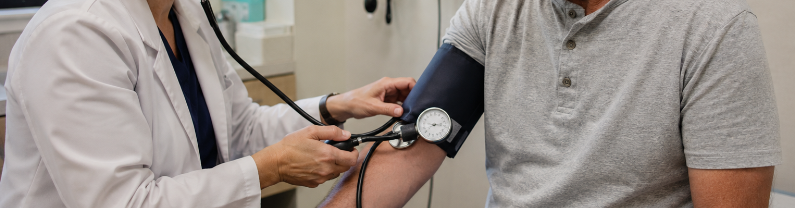 Blood pressure being measured with an arm cuff during a clinical examination.